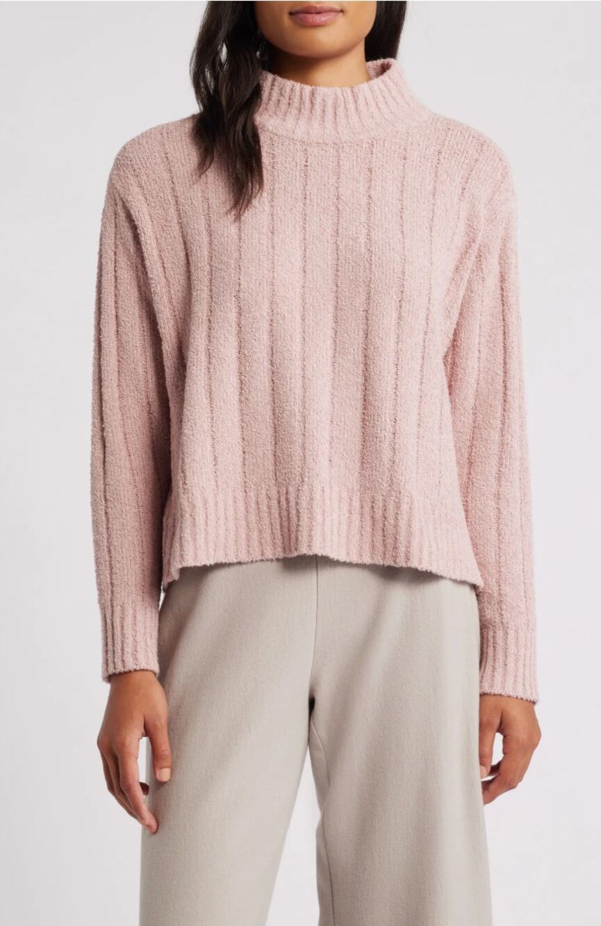 Eileen Fisher Mock Neck Sweater Womens 1X Plus Organic Cotton Fluff Ribbed Pink